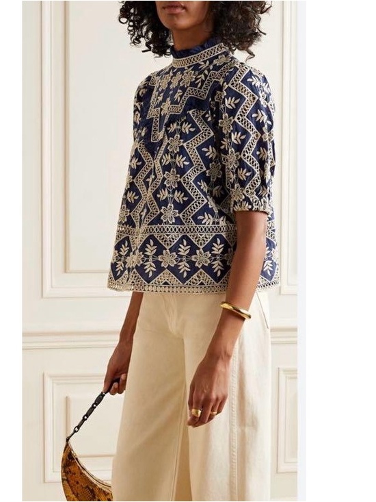 Sea New York Tops - Rare Sea New York Navy Blue Cream Crochet Eyelet Lace Zippy Short Sleeve Top M